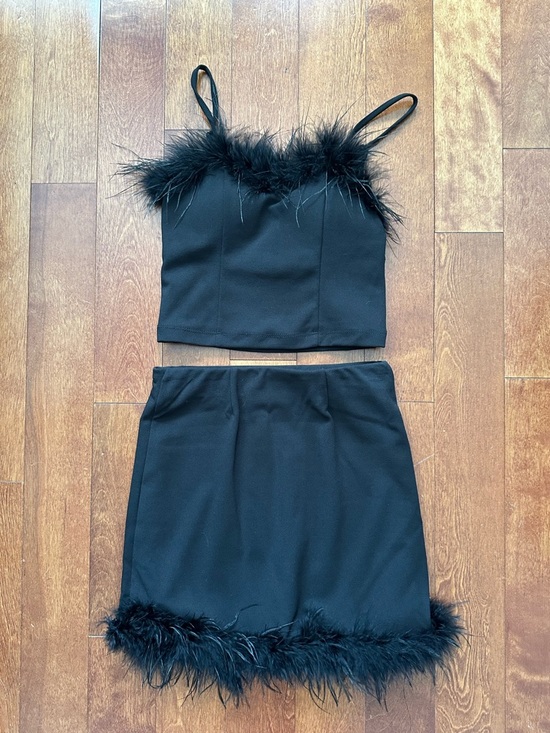 Thirty Thirty Dresses & Skirts - Black Feather-Trim Mini Dress Set
